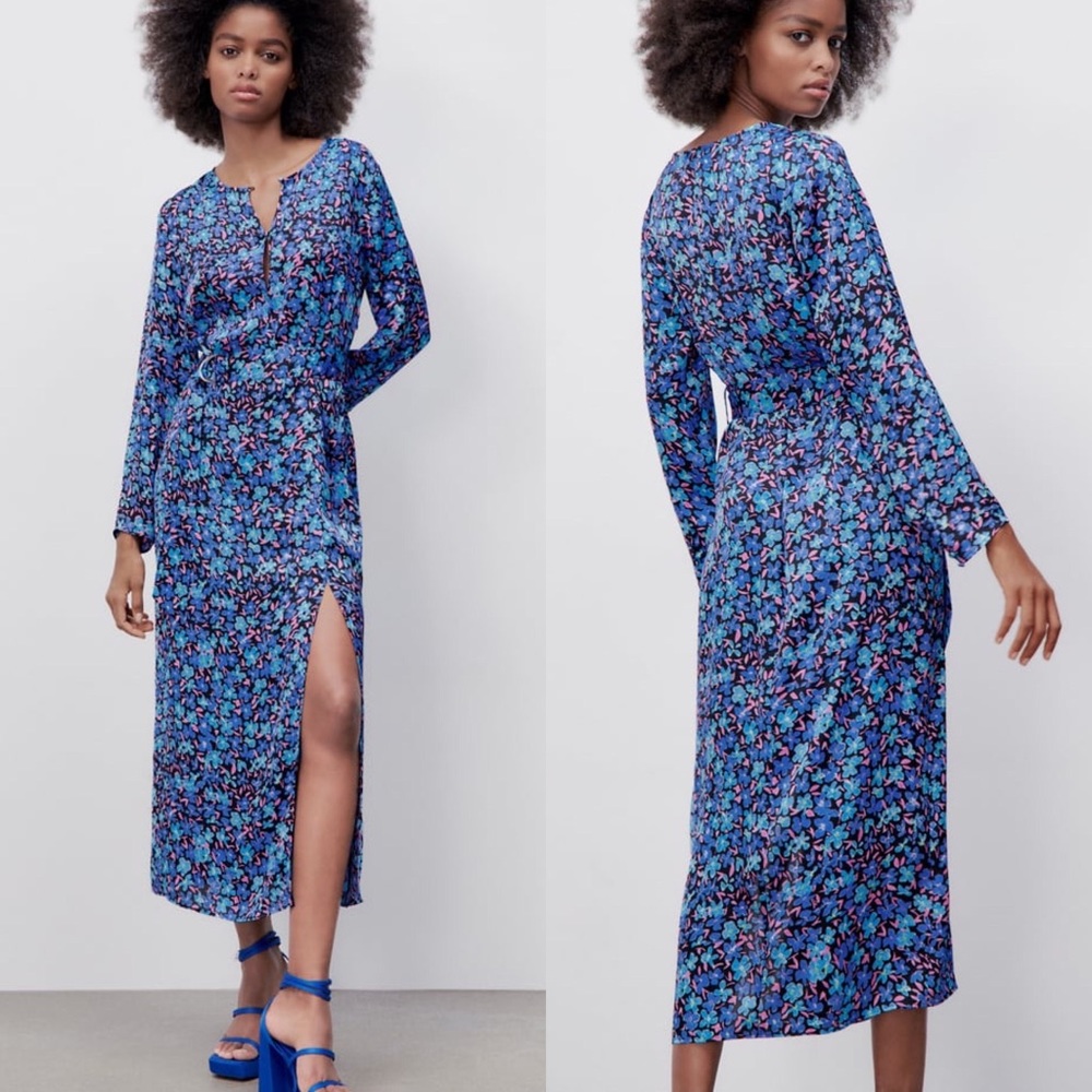 Zara FLORAL PRINT DRESS ROUND NECK LONG SLEEVE W/ BELT & SLIT BLUE SIZE XS NEW